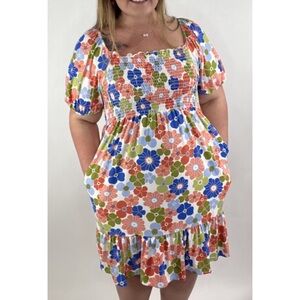 Celeste Ivory Floral Smocked Dress with Puff Short Sleeves